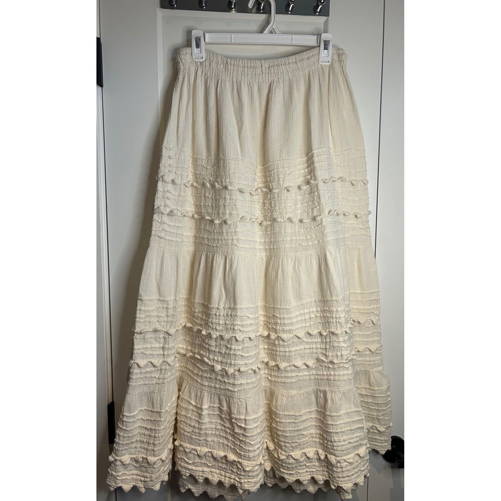 Cream Textured Tiered Maxi Skirt Pom Pom Trim Scalloped Hem Boho Peasant Large